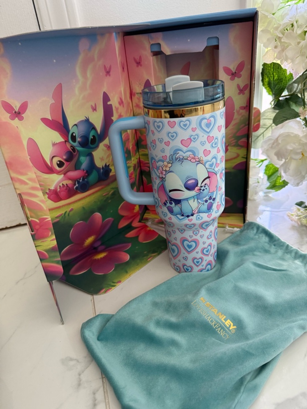 Stanley 40 OZ Light Blue Stitch Heart Travel Tumbler with Handle NEW IN BOX